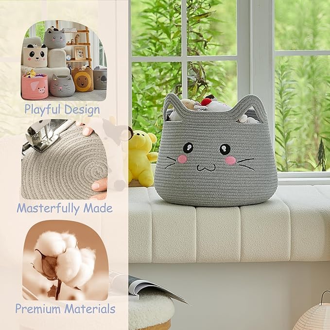 OMERAI Animal Cat Basket, Cute Cotton Rope Woven Large Blanket Basket, Toy Storage for Nursery decor and Laundry Organizer with Handles, baby hamper shower gift, 15"D x 12.6"H, Grey Open Eyes