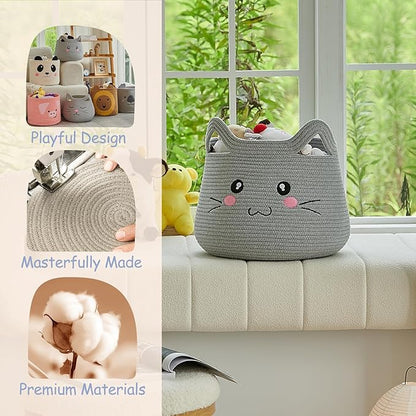 OMERAI Animal Cat Basket, Cute Cotton Rope Woven Large Blanket Basket, Toy Storage for Nursery decor and Laundry Organizer with Handles, baby hamper shower gift, 15"D x 12.6"H, Grey Open Eyes