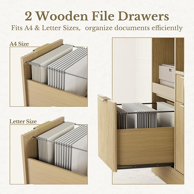 3 Drawer File Cabinet, Fluted Wood Lateral Filing Cabinet with Charging Station for Home Office, Fits for A4/Letter-Sized Files, Printer Stand with Open Storage Shelves, Light Walnut