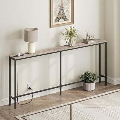 78.7" Console Table with Power Outlet, Narrow Sofa Table, Industrial Entryway Table with USB Ports, Behind Couch for Entryway, Hallway, Foyer, Living Room, Greige CTHG20E01