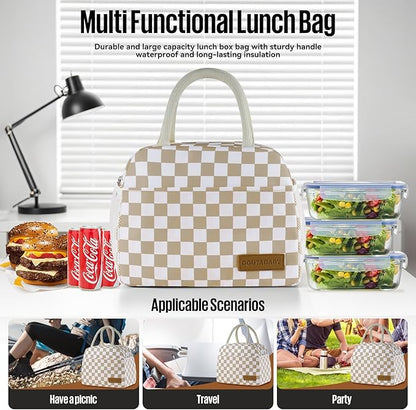 Lunch Bag Women/Men Lunch Box Women/Men (Khaki+White Checkerboard)