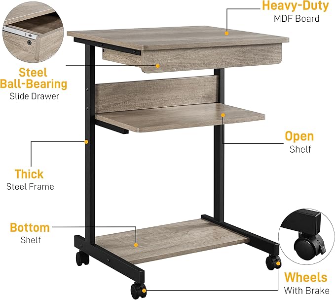 Yaheetech Rolling Computer Desk with Drawer & Keyboard Tray, Mobile Laptop Desk Cart Standing Computer Workstation for Home Office, Gray