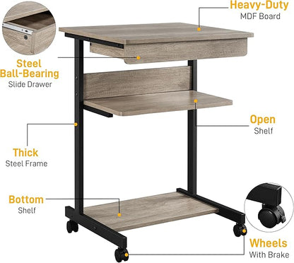 Yaheetech Rolling Computer Desk with Drawer & Keyboard Tray, Mobile Laptop Desk Cart Standing Computer Workstation for Home Office, Gray