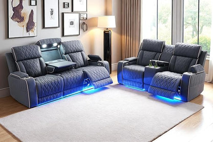 Living Room Furniture Sets, Power Reclining Sofa and Lovseat Set with Reading Light, Matte Leather Recliner Couch Sets, Power Recliner Sofa with LED Storage/Cup Holder for Home/Apt/Office