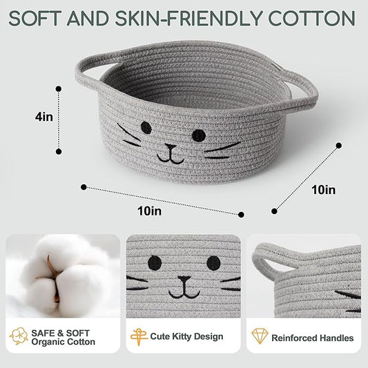 Small Cat Toy Basket, 10”x10”x4” Gray Cotton Rope Storage Bin with Handles, Woven Cat Organizer Box for Indoor Pets, Cute Kitty Easter Basket Gifts Empty, Living Room Nursery Decor
