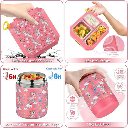 Bento Lunch Box for Kids with 12oz Soup Thermo Leak-Proof Lunch Food Container with 5 Compartment Thermo Hot Food Jar and Insulated Lunch Bag for Kid Toddler Girls Boys to School