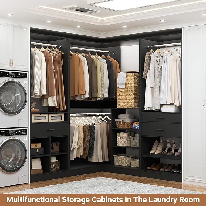 Unikito 86" Corner Closet System, Modular Closets Organizer with 4 Hanging Rods and Storage Shelves, Freestanding Adjustable Wood Clothes Garment Rack with Drawers, Sturdy Walk in Closet Tower, Black