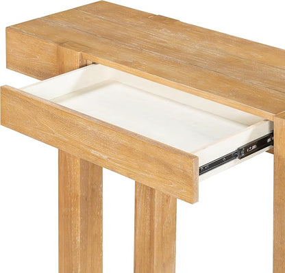 SOFTSEA Rustic Entryway Table with Hidden Drawer, Wood Console Table with Side Power Outlet, Sofa Table for Living Room Office, Natural