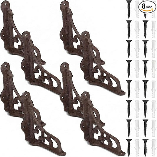 8 Pack 4-1/8 x 3-5/8 Rusty Antique Shelf Brackets Decorative L Cast Iron Shelf Bracket Brace Heavy Duty Wall Mounted Floating Rustic Vintage Baroque for Farmhouse DIY