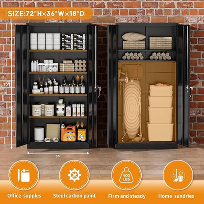 Bonusall 72" Storage Cabinet,Heavy-Duty Steel Cabinet with 2 Locking Doors & 4 Adjustable Shelves for Home, Office, or Workshop Organization(Black)