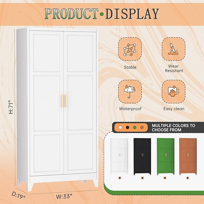 Bonusall 71" Metal Wardrobe,Steel Wardrobe Closet with Hanging Rod & Adjustable Shelves,Metal Storage Cabinet with 2 Doors, Decorative Metal Closet with Handles for Bedroom,Home Office Entryway