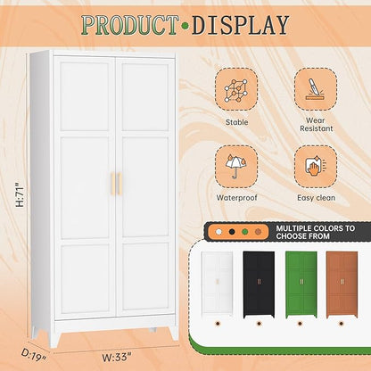 Bonusall 71" Metal Wardrobe,Steel Wardrobe Closet with Hanging Rod & Adjustable Shelves,Metal Storage Cabinet with 2 Doors, Decorative Metal Closet with Handles for Bedroom,Home Office Entryway