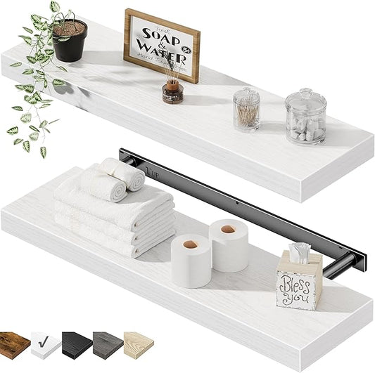 QEEIG Floating Shelves for Wall 23.6" Long - Wall Mounted Shelf Bathroom Kitchen Living Room Bedroom Farmhouse Home Decor Display Bookshelf Large 23.6 x 9.3 inch Set of 2, White (008-60W)
