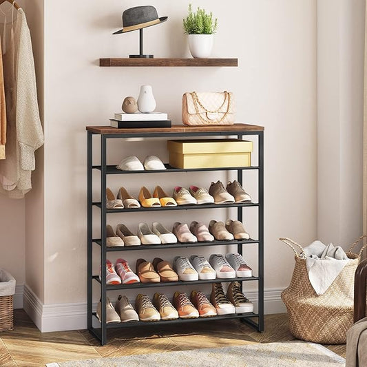 HOOBRO Shoe Rack, 6-Tier Shoe Organizer, for 18-24 Pairs of Shoes, Large Capacity Shoe Storage Shelf, Durable and Stable, for Entryway, Closet, Hallway, Dorm Room, Industrial, Rustic Brown BF67XJ01G1