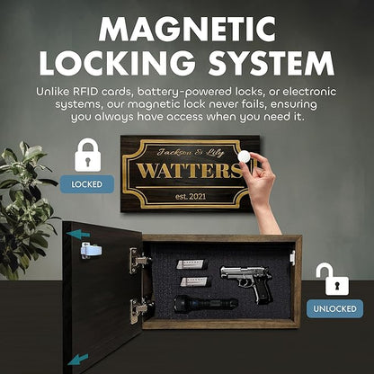 Bellewood Designs Customizable Hidden Gun Storage Wall Decor - Hidden Gun Safe with Family Name & Est Date - Magnetic Locking Concealment Shelf - Gun Concealment Furniture (Black)