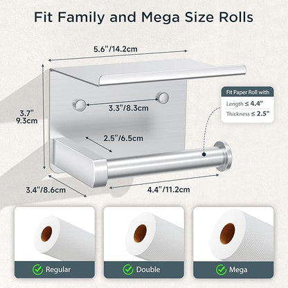 FORIOUS Toilet Paper Holder with Shelf, Adhesive or Screw Wall Mount Toilet Roll Holder for Bathroom, Rustproof 304 Stainless Steel Commercial Toilet Tissue Holder with Storage, Brushed Nickel