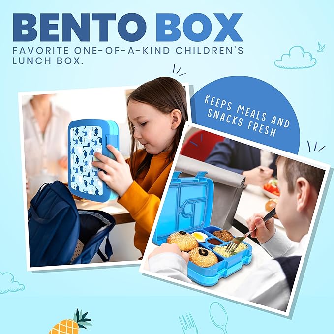 YOLAY Bento Box for Kids Lunch Box Leak-Proof, 5-Compartment Lunch Box Kids for Ages 3-10, Durable with Anti-Slip Base, Suitable for Schools, Outdoor and Travel (Mermaid) (Dino)