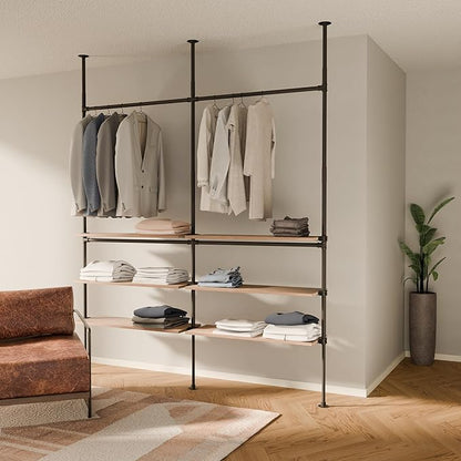 pamo Industrial Pipe Clothing Rack with Shelf - 400 lbs Capacity - Clamping Clothes Rack and Walk In Closet with Oak Shelf for Wardrobe