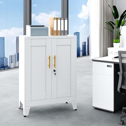 White Metal Pantry Cabinet with Lock(Two Units), Sideboard Buffet Storage Cabient with Doors and 2 Adjustable Shelves, Multifunctional Kitchen Cupboard for Home Office, Buffet Table