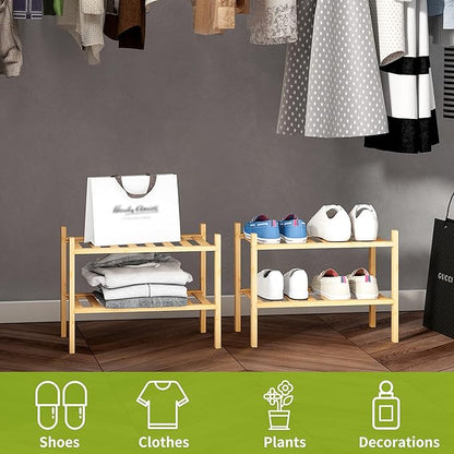 BMOSU 2-Tier Bamboo Small Shoe Rack Premium Stackable Shoe Shelf Storage Organizer for Hallway Closet Living Room Entryway Organizer (Natural Bamboo)