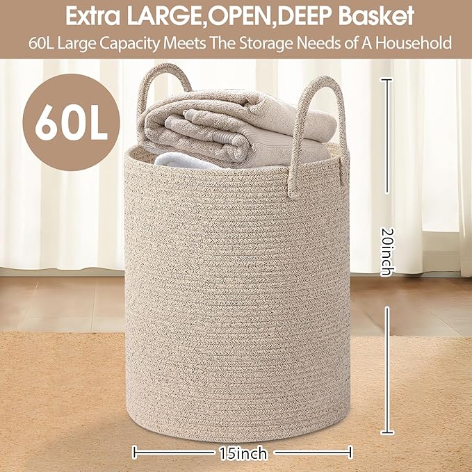 Large Woven Laundry Basket Hamper,Cotton Rope Storage Basket with Handles, 60L Capacity, 15x20 Inch, Beige, Woven Rope Basket Organizer for Laundry, Toys, Blankets