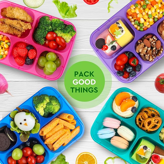 Bento Box Adult - Snack Box Containers 4 Pack, 5 Compartment Lunchables Containers for Kids/Adults, Meal Prep Container Reusable for Travel (Colorful)