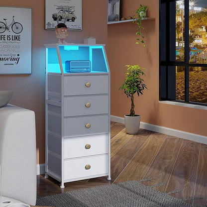 Tohomeor Dresser with Fabric Drawers Nightstand with 2 Tier Shelf Storage Tower for Bedroom Hallway Entryway Closet Organizer Sofa Beside Table Furniture (White, 5 Drawers)