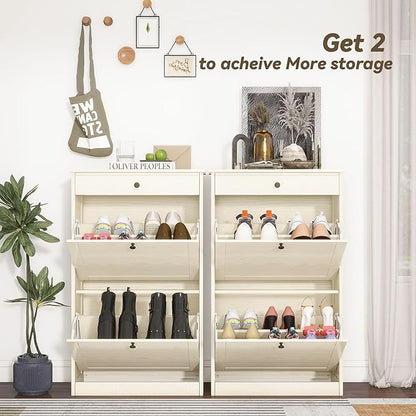 Shoe Cabinet with 2 Flip Drawers, Slim Freestanding Hidden Shoe Organizer with Drawer, Pet-Proof Shoe Storage Cabinet for Entryway Living Room Behind The Door, Light Oak