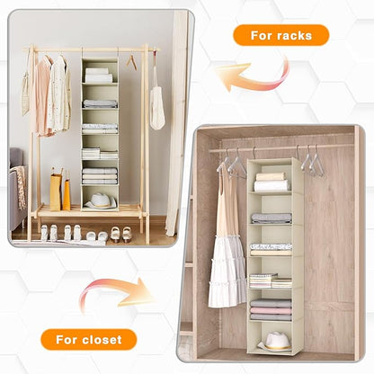 Hanging Closet Organizer, Easy Mount Foldable 6-Shelf Hanging Closet Wardrobe Storage Shelves, Clothes Handbag Shoes Accessories Storage, Washable Oxford Cloth Fabric, Beige