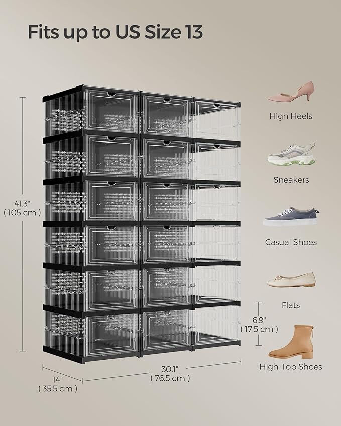 SONGMICS Foldable Shoe Boxes, Pack of 18 Stackable Shoe Storage Organizer, Set of 3 Integraed Shoe Cabinets, Portable, Fit up to US size 13, 60s Assembly, Transparent and Ink Black ULSP207B01