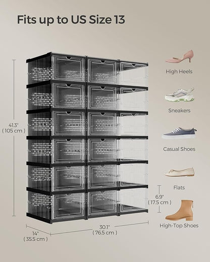 SONGMICS Foldable Shoe Boxes, Pack of 18 Stackable Shoe Storage Organizer, Set of 3 Integraed Shoe Cabinets, Portable, Fit up to US size 13, 60s Assembly, Transparent and Ink Black ULSP207B01