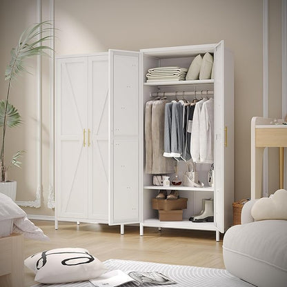 Aobabo 2 Door Metal Wardrobe Cabinet with Hanging Rod, Metal Wardrobe Closet with 2 Adjustable Shelves, Storage Lockers for Home,Office,Installation Required, White