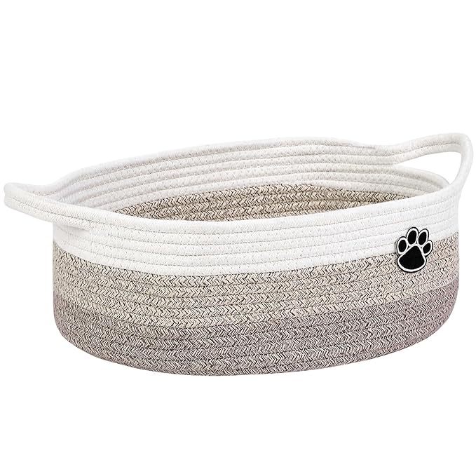 Dog Toy Basket, Toy Box and Bin for Dog Cat Storage, 13.5" X 11" X 5" Small Woven Rope Basket for Baby Storage, Closet, Living Room, White & Brown