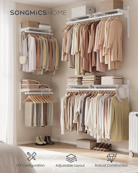 SONGMICS HOME Closet System, Closet Insert Organizer, 4-8 ft, Adjustable Metal Shelving Unit with 6 Hanging Rods, 6 Shelves, and Hooks, for Pantry Mudroom Garage Basement, Cloud White URGR032W01