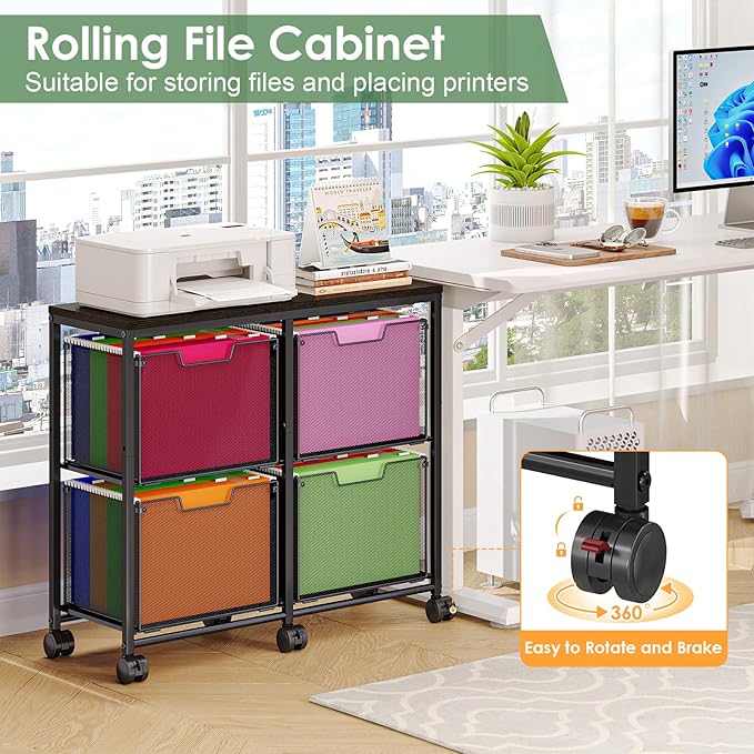 4 Drawer Lateral File Cabinet, Mobile Filing Cabinet, Printer Stand with Wheels Under Desk Storage Office Storage Cabinet Fits Letter Size for Home Office, Black