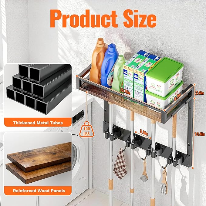 Broom Holder Wall Mount with Shelf Load 66LBS Broom and Mop Organizer Wall Hanging Broom Hanger with 4 Mop Hanger Grippers, 3 Hooks for Laundry Room, Garage, Utility Closet, Kitchen, 2 Packs