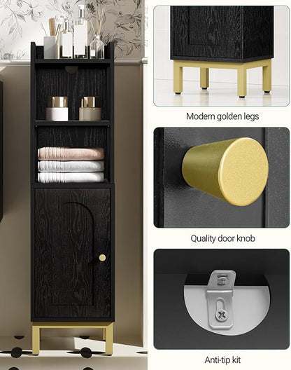 Bathroom Storage Cabinet, Small Corner Floor Cabinet with Door and Shelves, Narrow Toilet Paper Holder, Bathroom Organizer with Adjustable Shelf, for Small Spaces, Black BC38204GV1