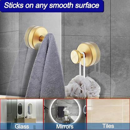 Suction Cup Hooks for Shower, Removable Towel Hooks for Bathroom Window Glass Door Wall, Bath Robe Looafh Hook for Hanging - 4 Pack, Gold