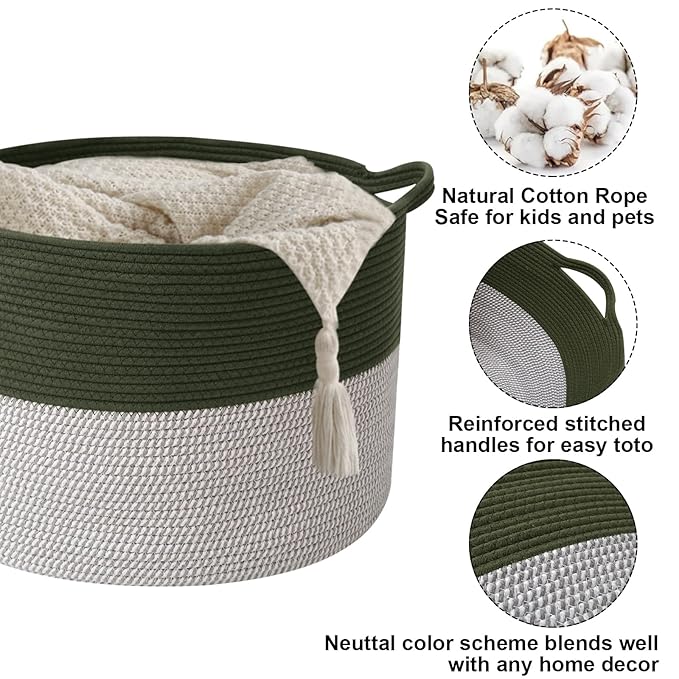 90L Large Blanket Basket,21.7"L x 21.7"W x 13.8"H Rope Woven Baskets with Handles, Toys Storage Bins,Laundry Basket Perfect for Living Room, Nursery,Bedroom,Home Organization,Green&White