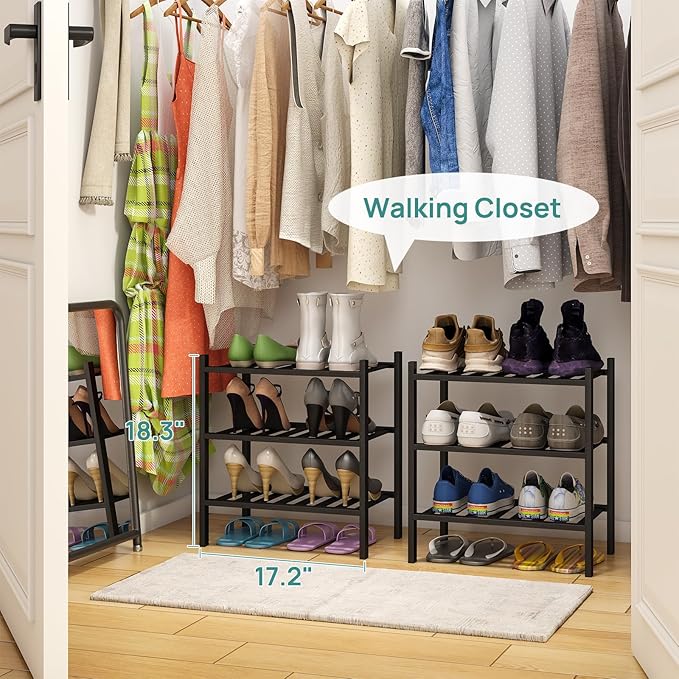 Small Shoe Rack for Entryway,3-Tier Black Bamboo Shoe Organizer for Hallway Closet, Free Standing Shoe Racks for Indoor Outdoor
