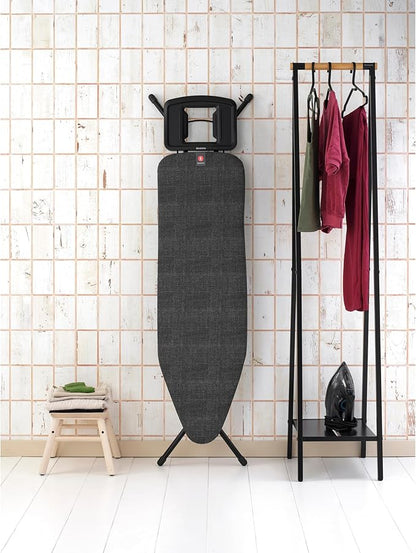 Brabantia - Ironing Board B – Solid Steam Iron Rest – Adjustable Height – Non-Slip Rubber Feet – 100% Fairtrade Cotton Cover with Foam Padding – Foldable – Denim Black – Size B (49 x 15 in)