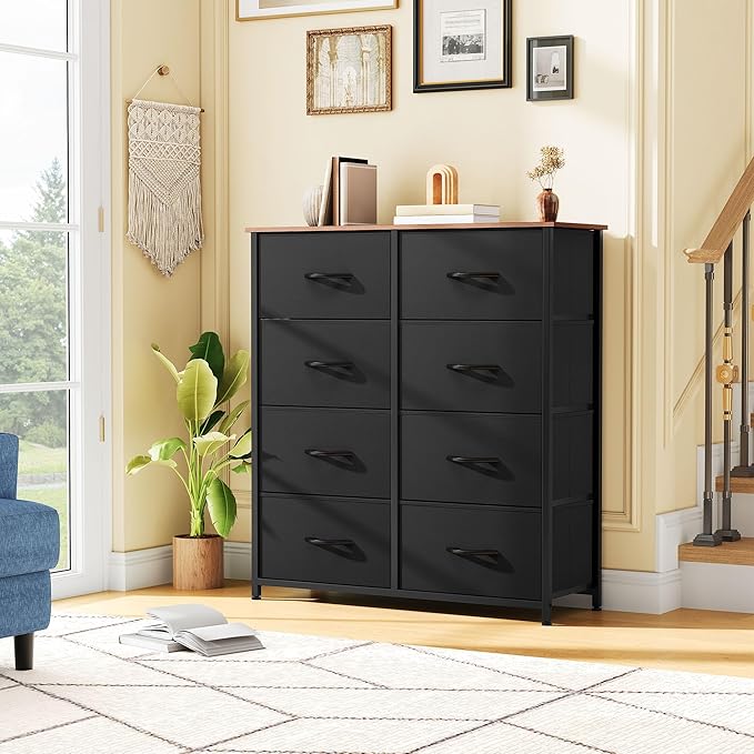 DWVO Dresser for Bedroom, Fabric Dresser with 8 Drawers, Tall Double Drawer Chest of Drawers for Closet, Living Room, Sturdy Steel Frame, Wooden Top, Easy Pull Handle