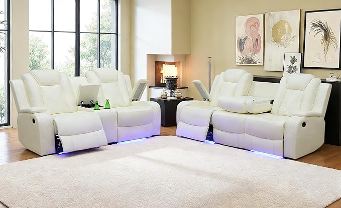 Living Room Furniture Sets, Power Reclining Sofa and Lovseat Set with Reading Light, Leather Recliner Couch Sets, Power Recliner Sofa with LED Storage Console/Cup Holder for Home/Apt/Office