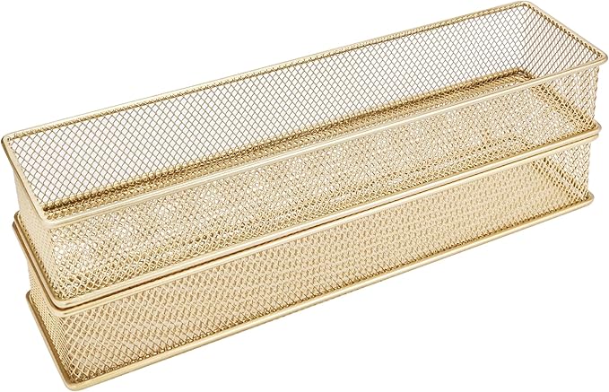 Annova Mesh Stackable Drawer Cabinet and Shelf Organizer Bins Storage Basket School Office Supply Holder Tray- Set of 2 (Gold, 3x12x2 Inch)
