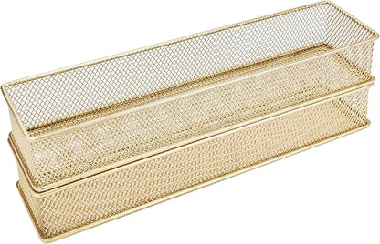 Annova Mesh Stackable Drawer Cabinet and Shelf Organizer Bins Storage Basket School Office Supply Holder Tray- Set of 2 (Gold, 3x12x2 Inch)