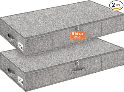punemi Low Profile Under Bed Storage, 5 inches High Underbed Storage Containers With Sturdy Sidewalls & Bottom, Slim Under Couch Sofa Storage, Shallow Under Bed Organizer Clothes Storage Bins, 2Pack