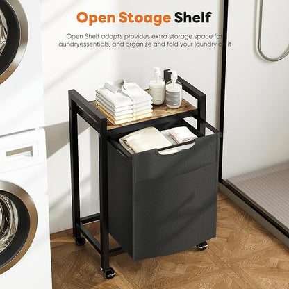 DUMOS Laundry Hamper with 1 Pull-Out Removable Sorter Bags, Movable Wheels, Freestanding Clothes Basket Organizer in Bathroom, 1 × 18.3Gal (69L) Capacity, Rustic Brown and Black