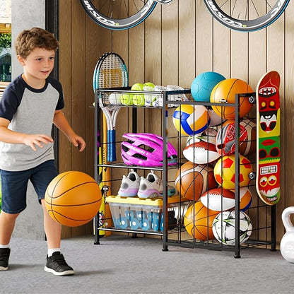 Sports Equipment Organizer, Ball Storage Rack with Elastic Straps and Removable Basket for Garage Organization, Garage Organizer with Hooks for Toy Sports Gear Storage, Sports Ball Storage Cart, Black