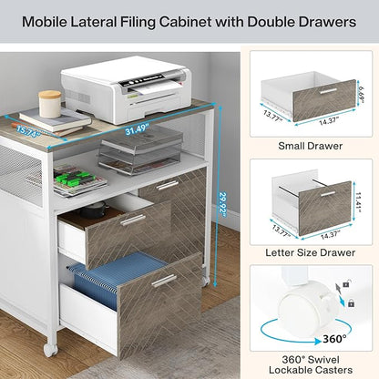 Tribesigns Modern File Cabinet with Drawers for Letter-Sized File and Door, Lockable lateral Filing Cabinet Printer Stand with Storage Shelves and with Rolling Caster for Home Office (Oak)