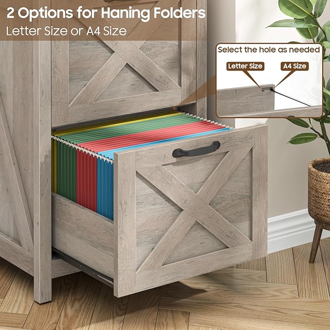 2 Drawer Small File Cabinet, Farmhouse Vertical Filing Cabinet Fits Letter and A4 Size, Under Desk Wooden File Cabinets for Home Office, Printer Stand, Grey